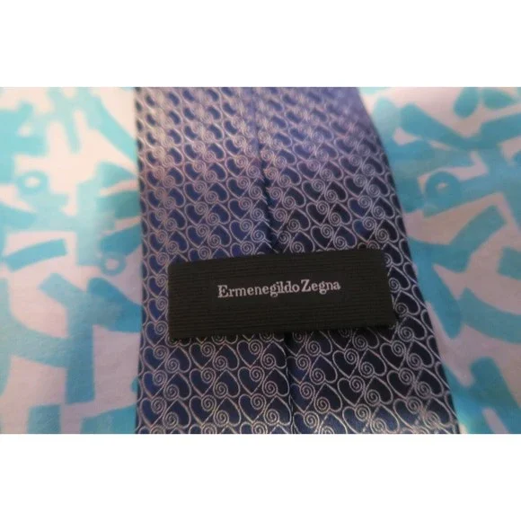 Ermenegildo Zegna Hearts Swirl Silk Tie Blue Silver TCT2019 Made in Italy Recent